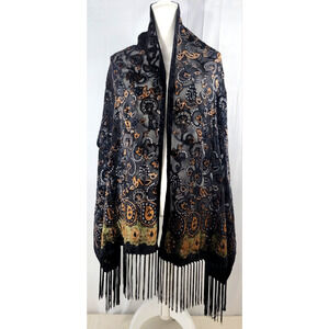 Velvet Burnout Paisley Shawl Wrap Scarf Black Gold Boho Evening Fringe